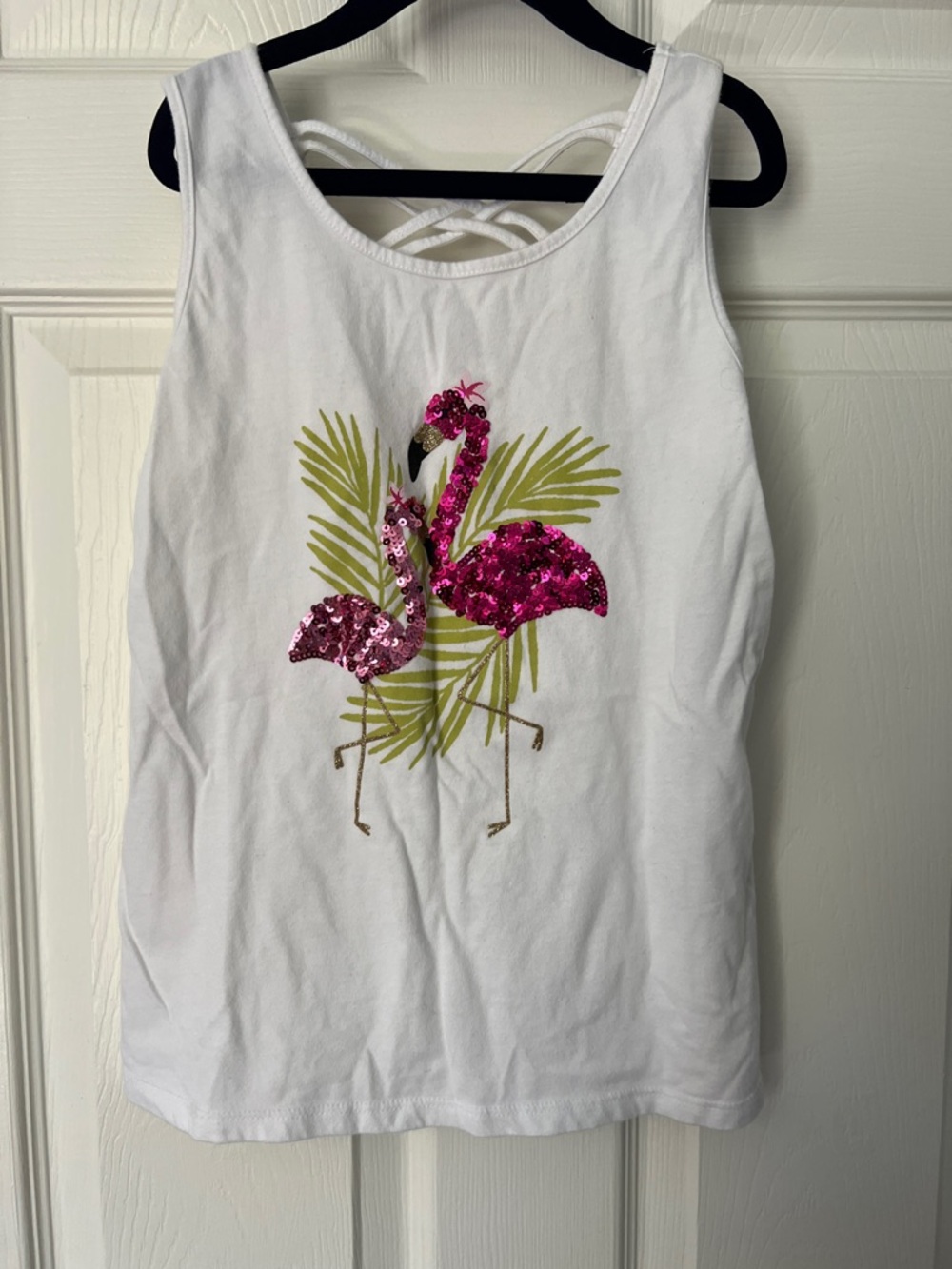 The Children's Place White Tank Top with Pink Sequin Flamingos